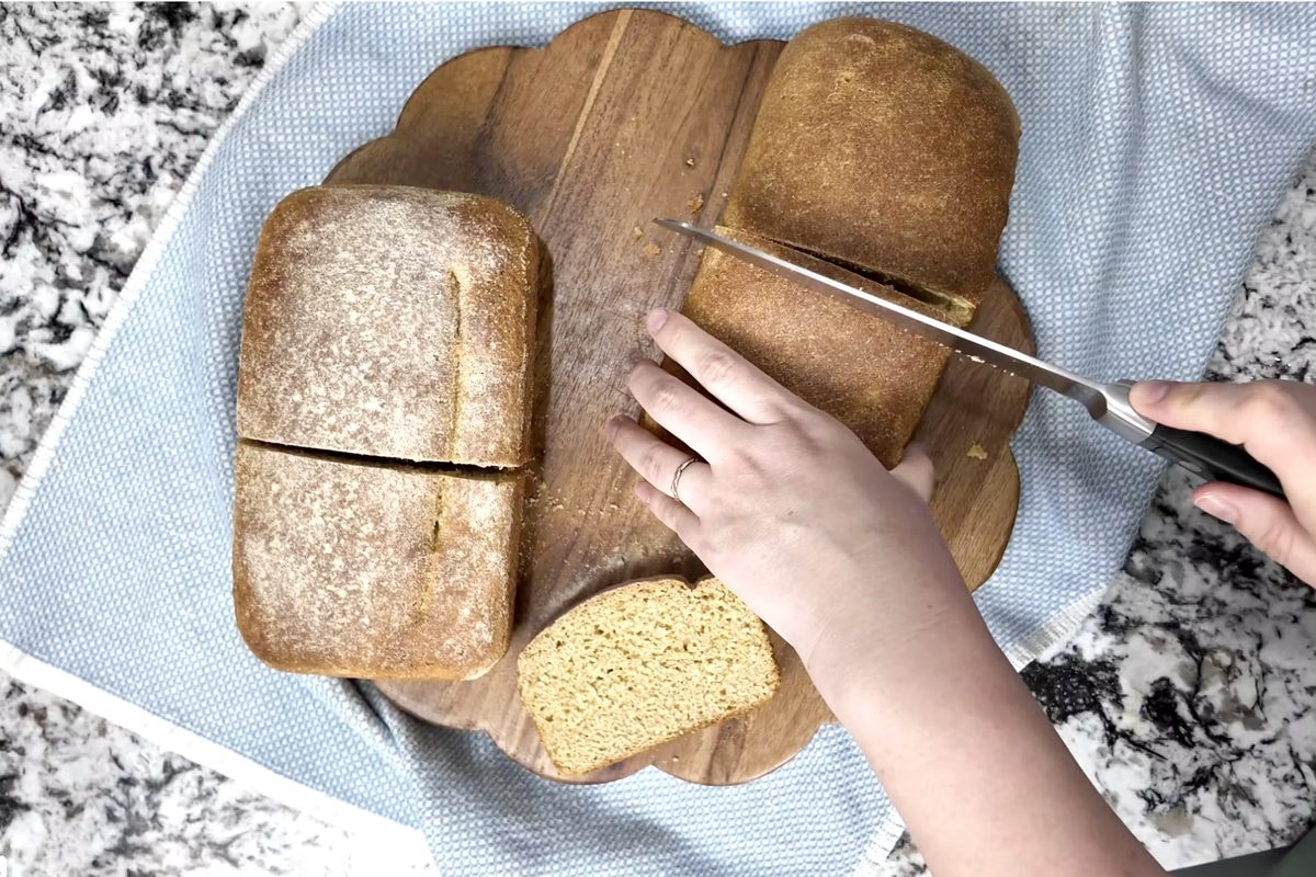 Module 9, Bake a Sandwich Loaf: slicing a fresh milled sandwich loaf